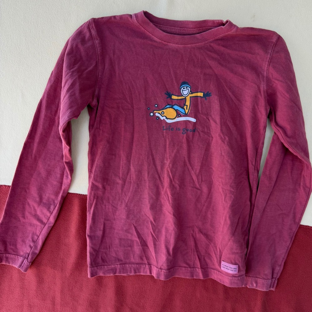 Life is Good Boys Small 5-6 Long Sleeve Graphic Tee Maroon Snowboard Jake Shirt